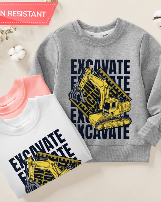 【12M-9Y】Boy Cotton Stain Resistant Excavator Print Long Sleeve Sweatshirt