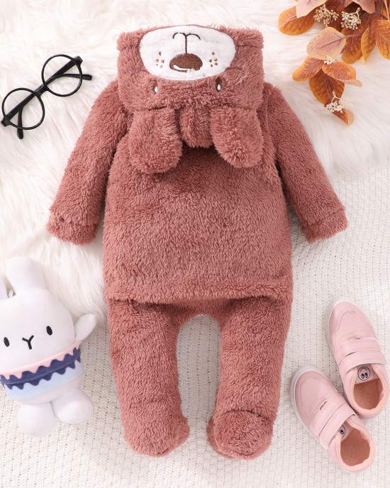 【0M-18M】Unisex Baby Cute Velvet Keep Warm Bear Colorblock Hooded Jumpsuit