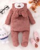 【0M-18M】Unisex Baby Cute Velvet Keep Warm Bear Colorblock Hooded Jumpsuit