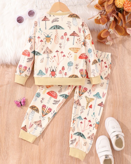 【2Y-7Y】2-piece Kids Cute Colorful Dinosaur Animal Plant Print Round Neck Sweatshirt And Pants Set