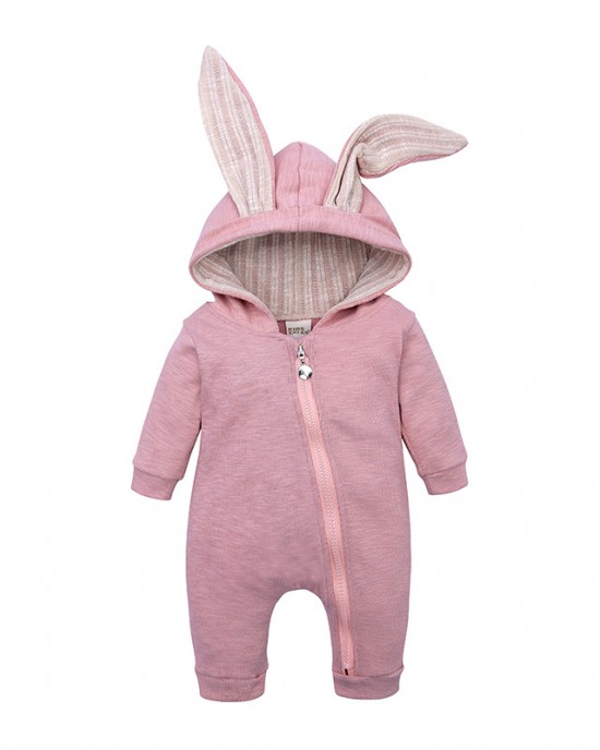 【0M-24M】Unisex Baby Cute Cotton Solid Color Rabbit Ears Hooded Zipper Romper