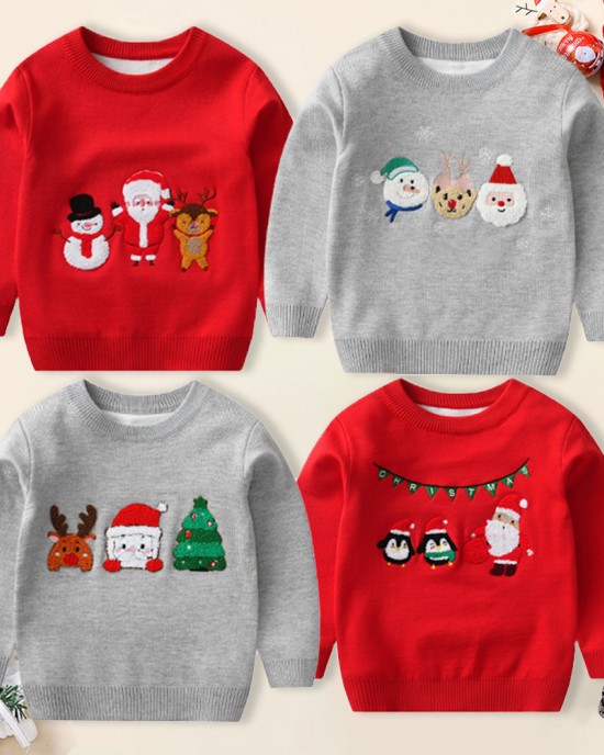 【2Y-8Y】Unisex Christmas Santa Claus Cartoon Embroidered Keep Warm Sweater