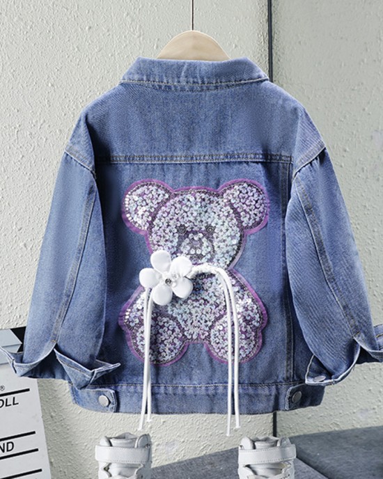 【3Y-12Y】Girl Casual Bunny Bear Sequin Embroidered Bowknot Lapel Denim Jacket