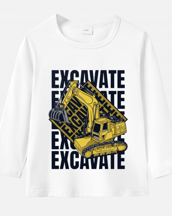 【12M-9Y】Boy Cute Excavator Print Cotton Stain Resistant Long Sleeve T-shirt