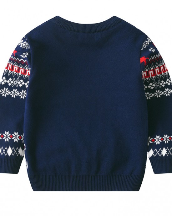 【2Y-8Y】Unisex Christmas Keep Warm Elk Snowflake Jacquard Colorblock Round Neck Sweater