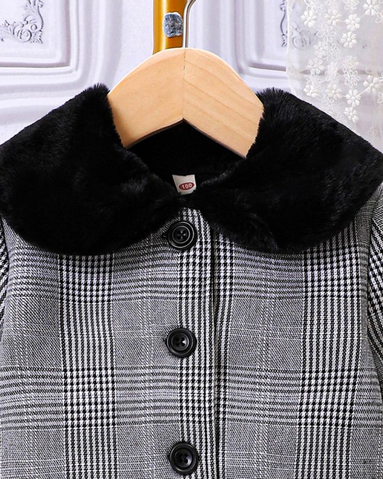 【18M-6Y】Girl Casual Tweed Keep Warm Plush Lapel Plaid Coat