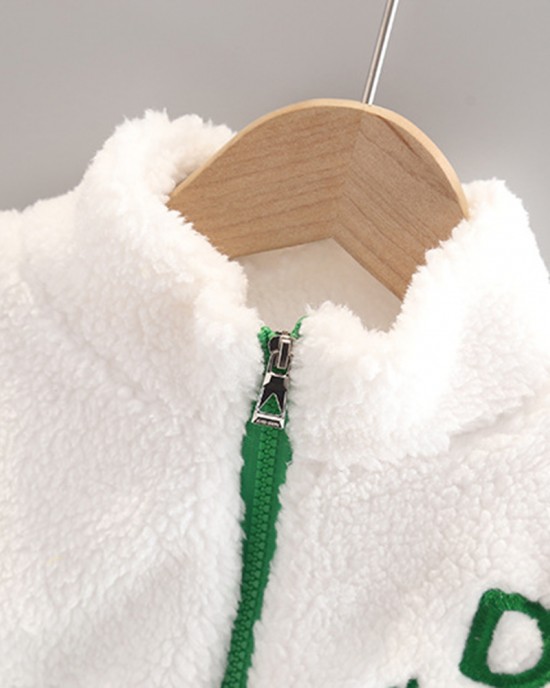 【12M-4Y】Boy Casual Lamb Fleece Keep Warm Letter Embroidery Colorblock High Neck Coat