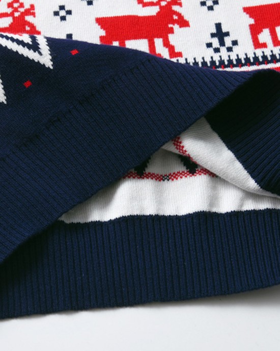 【2Y-8Y】Boy Christmas Elk Christmas Tree Jacquard Colorblock Round Neck Sweater