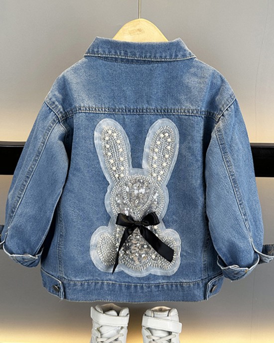 【3Y-12Y】Girl Casual Bunny Bear Sequin Embroidered Bowknot Lapel Denim Jacket