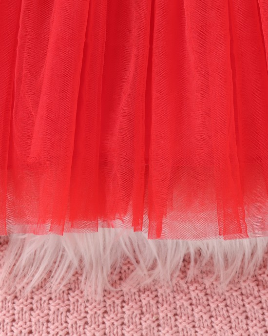 【12M-5Y】Girl Christmas Fur Collar Red Sequins Stitching Layered Tulle Colorblock Long-sleeved Princess Dress