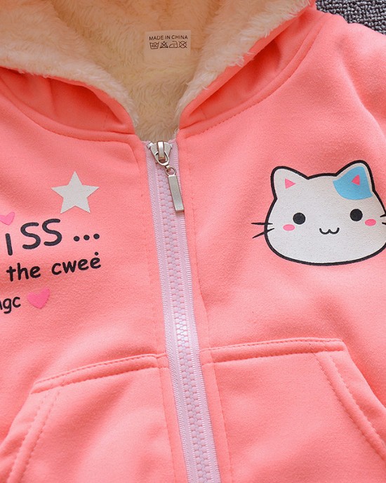 【12M-4Y】Girl Cute Velvet Keep Warm Cat Print Hooded Vest Coat