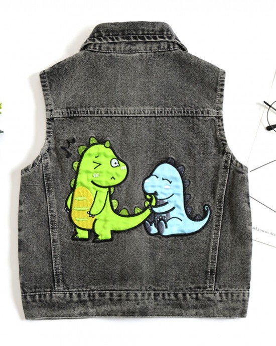 【18M-8Y】Boy Casual Cute Dinosaur Embroidered Lapel Wash Water Denim Jacket