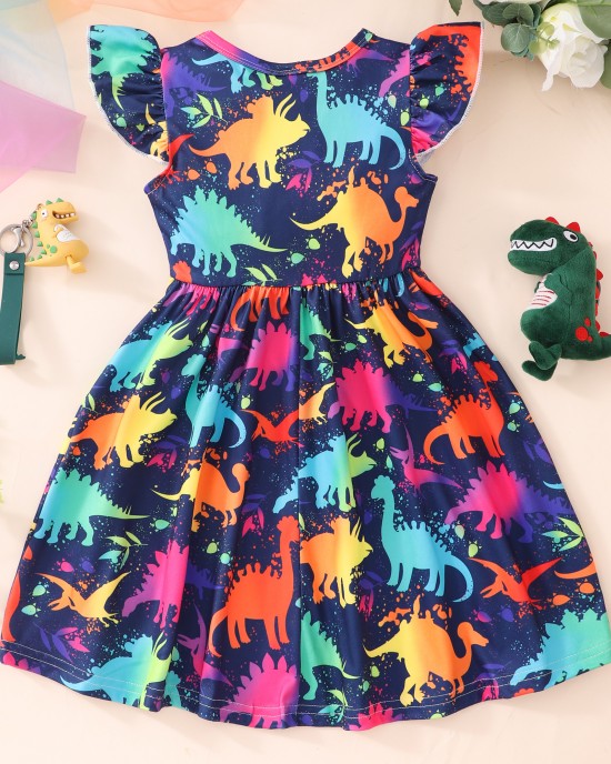 【18M-8Y】Girl Summer Cute Royal Blue Colorful Dinosaur Ruffle Dress