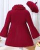 【18M-6Y】2-piece Girl Elegant Christmas And New Year Red Tweed Keep Warm Plush Stitching Collar Bell Sleeve Coat With Hat - 31117