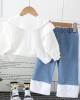 【12M-5Y】2-piece Girl White Heart-shaped Embroidered Doll Collar Long Sleeve Shirt And Colorblock Jeans Set - 34409