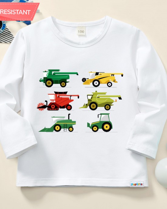 【12M-9Y】Boy Agricultural Harvester Combine Print Cotton Stain Resistant Long Sleeve T-shirt