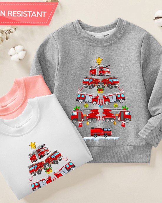 【12M-9Y】Unisex Cotton Stain Resistant Fire Truck Christmas Tree Print Long Sleeve Sweatshirt