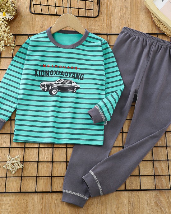 【18M-8Y】2-piece Boy Cotton Cartoon Stripe Car Colorful Dinosaur Print Long Sleeve T-shirt And Pants Set