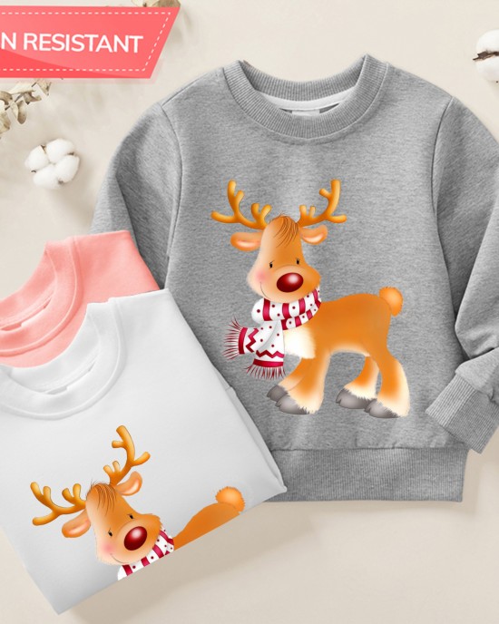 【12M-9Y】Unisex Cotton Stain Resistant Elk Print Long Sleeve Sweatshirt