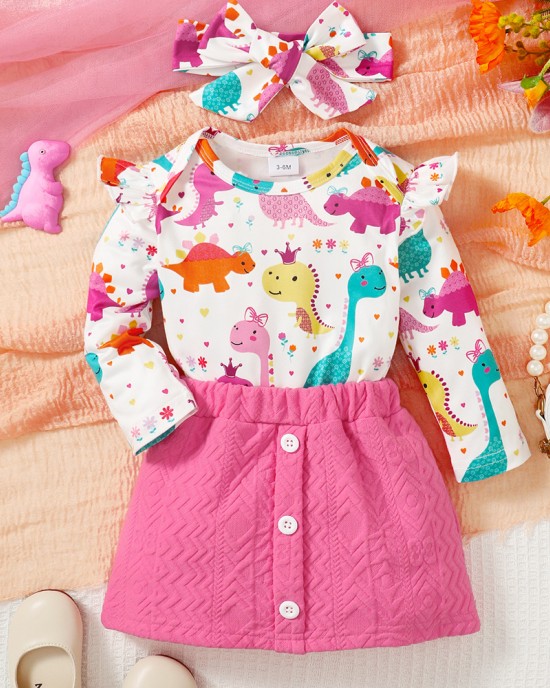 【3M-24M】3-piece Baby Girl Cute Colorful Dinosaur Long Sleeve Romper And Rose Red Skirt Set