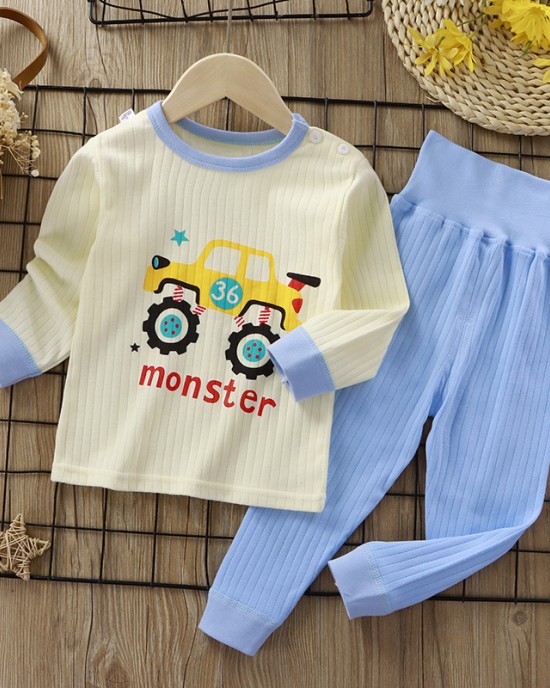 【9M-6Y】2-piece Unisex Cotton Cartoon Print Colorblock Long Sleeve Pajamas Set