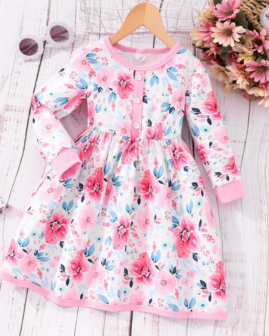 【2Y-7Y】Girl Casual Colorful Cartoon Animal Unicorn Floral Print Long Sleeve Dress