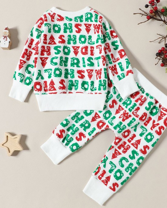 【3M-24M】2-piece Baby Unisex Christmas Letter Print Round Neck Sweatshirt And Pants Set