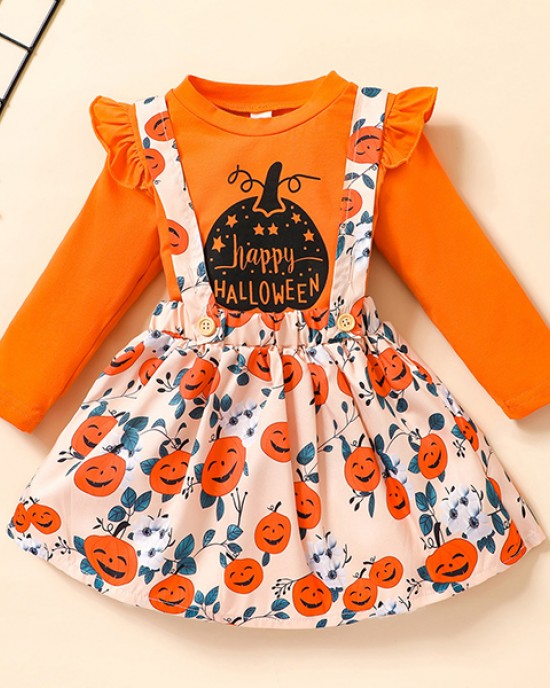 【12M-5Y】Girls Cute Halloween Print Long Sleeve T-shirt And Suspender Skirt Set