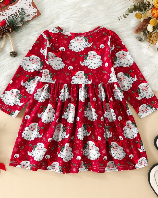 【9M-4Y】Girl Cute Christmas Santa Claus Print Long Sleeve Dress