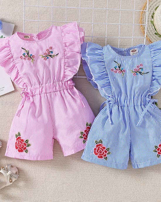 【6M-5Y】Girl Cute Striped Floral Embroidery Ruffle Sleeveless Jumpsuit - 3906