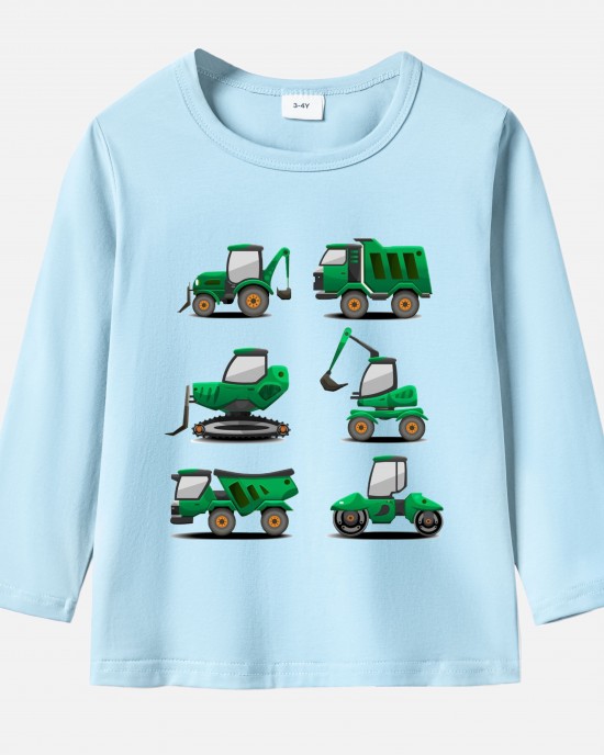 【12M-9Y】Boy Excavator Bulldozer Print Cotton Stain Resistant Long Sleeve T-shirt