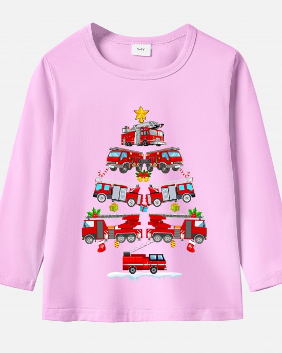 【12M-9Y】Unisex Fire Truck Christmas Tree Print Cotton Stain Resistant Long Sleeve T-shirt