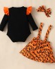 【6M-3Y】3-piece Baby Girl Halloween Print Romper And Suspender Skirt Set