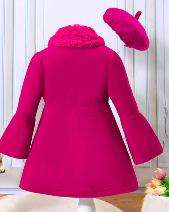 【18M-6Y】2-piece Girl Elegant Christmas And New Year Red Tweed Keep Warm Plush Stitching Collar Bell Sleeve Coat With Hat - 31117