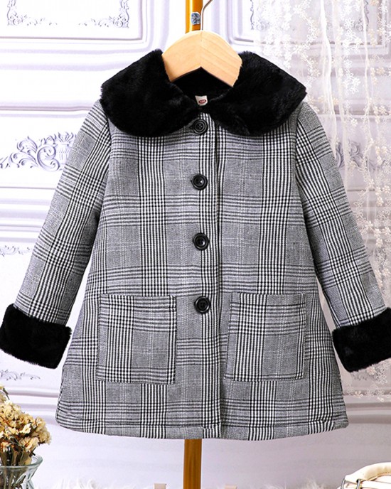 【18M-6Y】Girl Casual Tweed Keep Warm Plush Lapel Plaid Coat