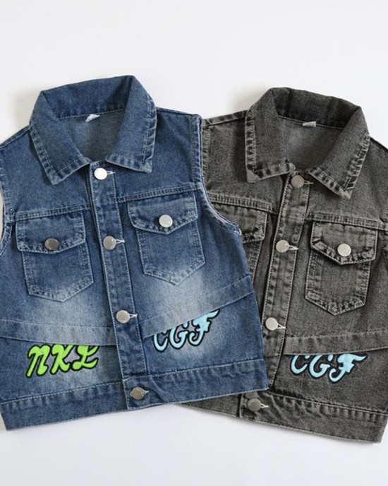 【18M-8Y】Boy Casual Cute Dinosaur Embroidered Lapel Wash Water Denim Jacket