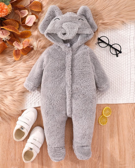 【0M-18M】Unisex Baby Cute Velvet Keep Warm Elephant Hooded Jumpsuit