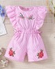 【6M-5Y】Girl Cute Striped Floral Embroidery Ruffle Sleeveless Jumpsuit - 3906