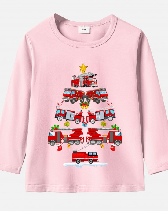 【12M-9Y】Unisex Fire Truck Christmas Tree Print Cotton Stain Resistant Long Sleeve T-shirt