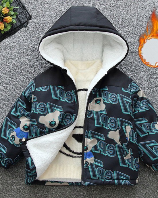 【18M-8Y】Boy Casual Velvet Keep Warm Letter Bear Print Colorblock Hooded Jacket