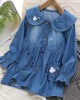 【2Y-8Y】2-piece Girl Sweet Washed Denim Ruffle Cartoon Embroidery Long Sleeve Dress