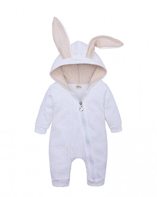 【0M-24M】Unisex Baby Cute Cotton Solid Color Rabbit Ears Hooded Zipper Romper