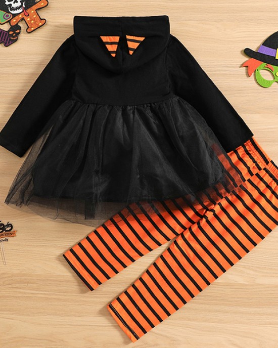 【12M-5Y】Girl Halloween Print Tulle Splicing Hooded Sweatshirt And Pants Set