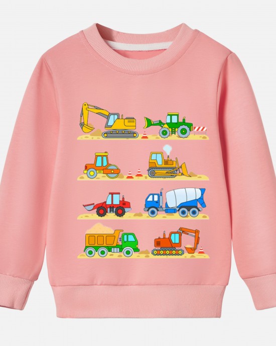 【12M-9Y】Boy Cotton Stain Resistant Excavator Bulldozers Print Long Sleeve Sweatshirt