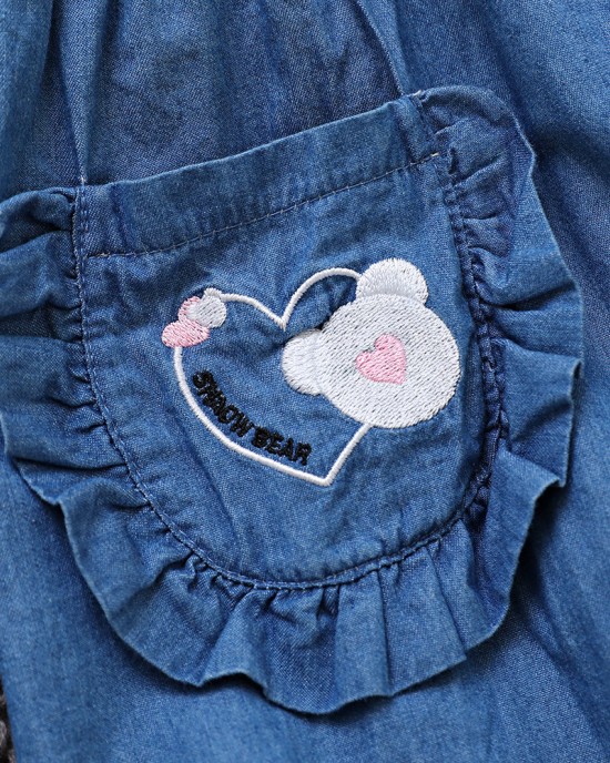 【2Y-8Y】2-piece Girl Sweet Washed Denim Ruffle Cartoon Embroidery Long Sleeve Dress