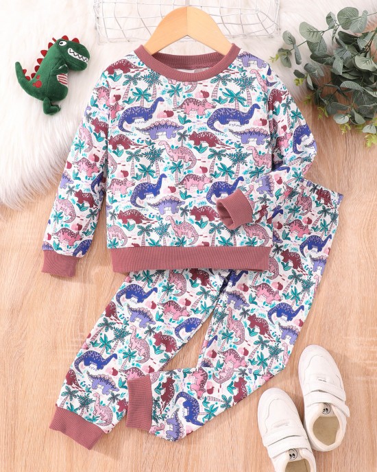 【2Y-7Y】2-piece Kids Cute Colorful Dinosaur Animal Plant Print Round Neck Sweatshirt And Pants Set