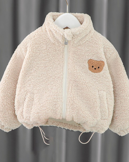 【12M-5Y】Unisex Cute Lamb Fleece Velvet Keep Warm Bear Embroidery High Neck Coat