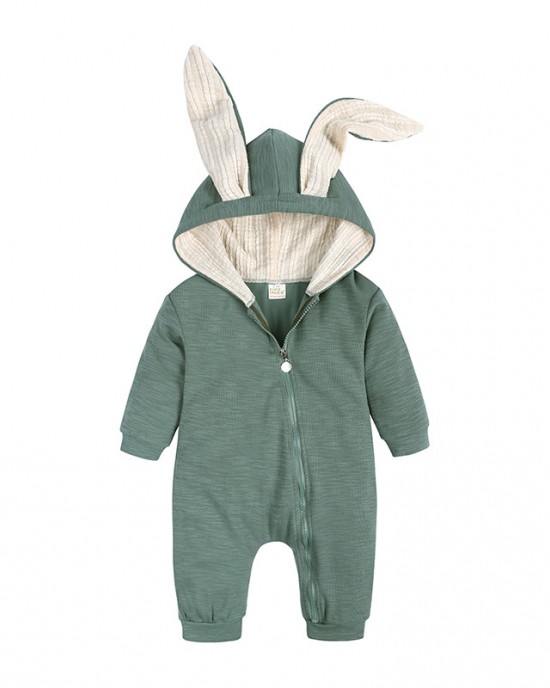 【0M-24M】Unisex Baby Cute Cotton Solid Color Rabbit Ears Hooded Zipper Romper