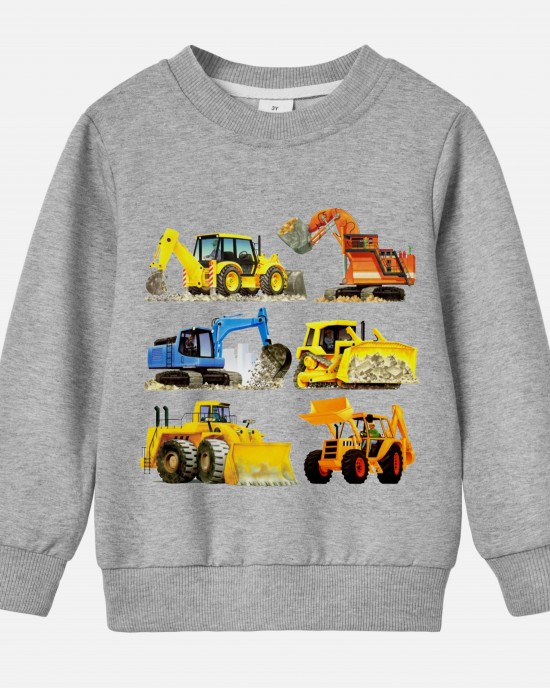 【12M-9Y】Boy Cotton Stain Resistant Excavator Bulldozers Print Long Sleeve Sweatshirt