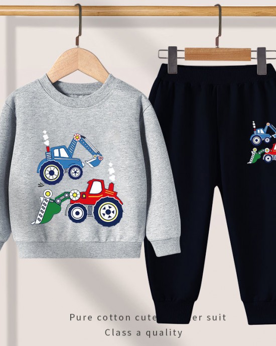 【2Y-13Y】Boy Cute Excavator Print Sweatshirt And Pants Set